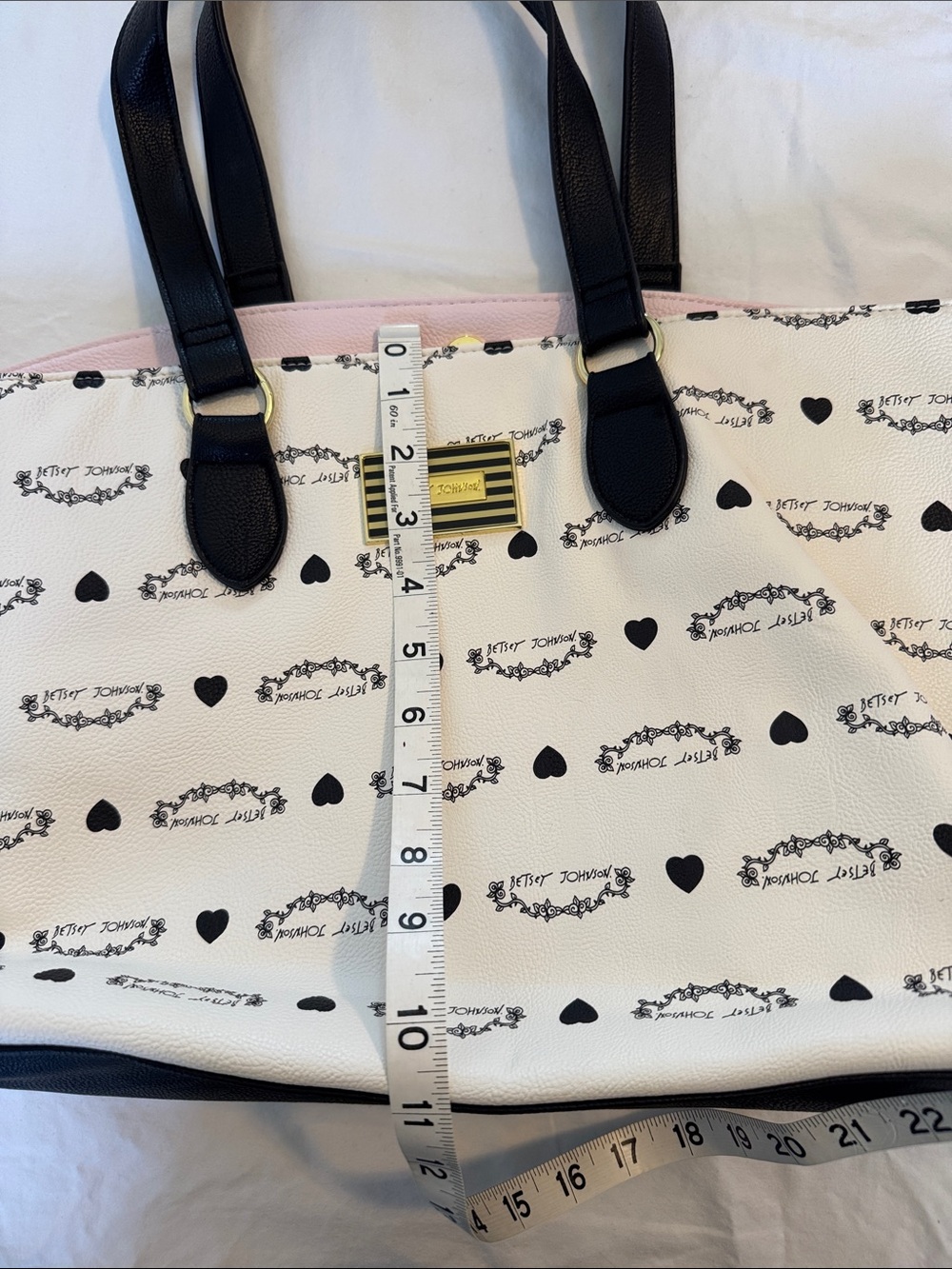 Betsey Johnson Cream and Black Logo Heart Tote with Floral Rose Interior - Picture 4 of 8